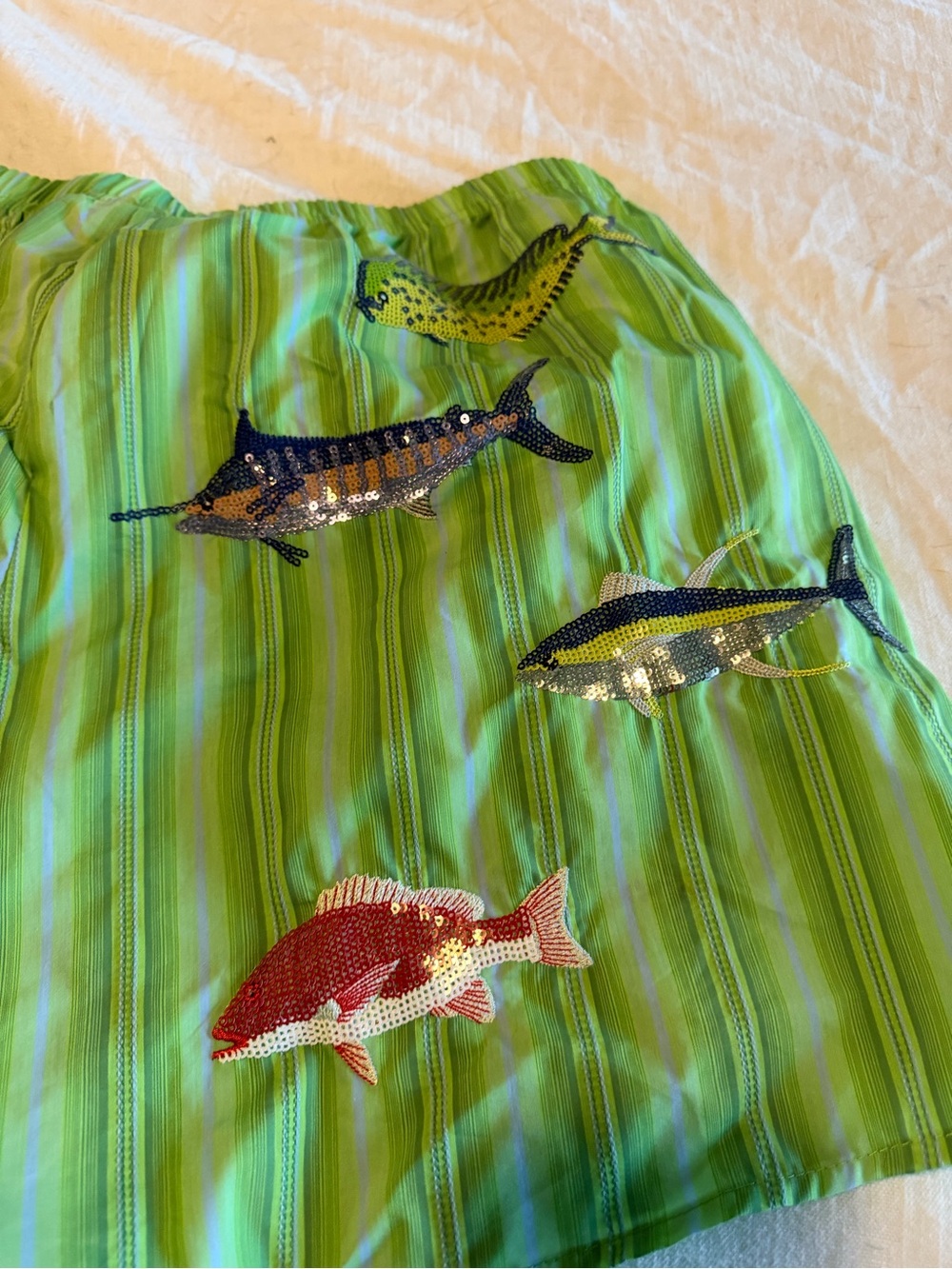 QUEEN OF SPARKLES Green Striped Sequin Fish Embellished Shorts - Picture 2 of 4